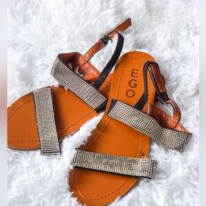 EGO Size 9 Tan Rhinestone Strappy Flat Sandals - Stylish & Comfortable